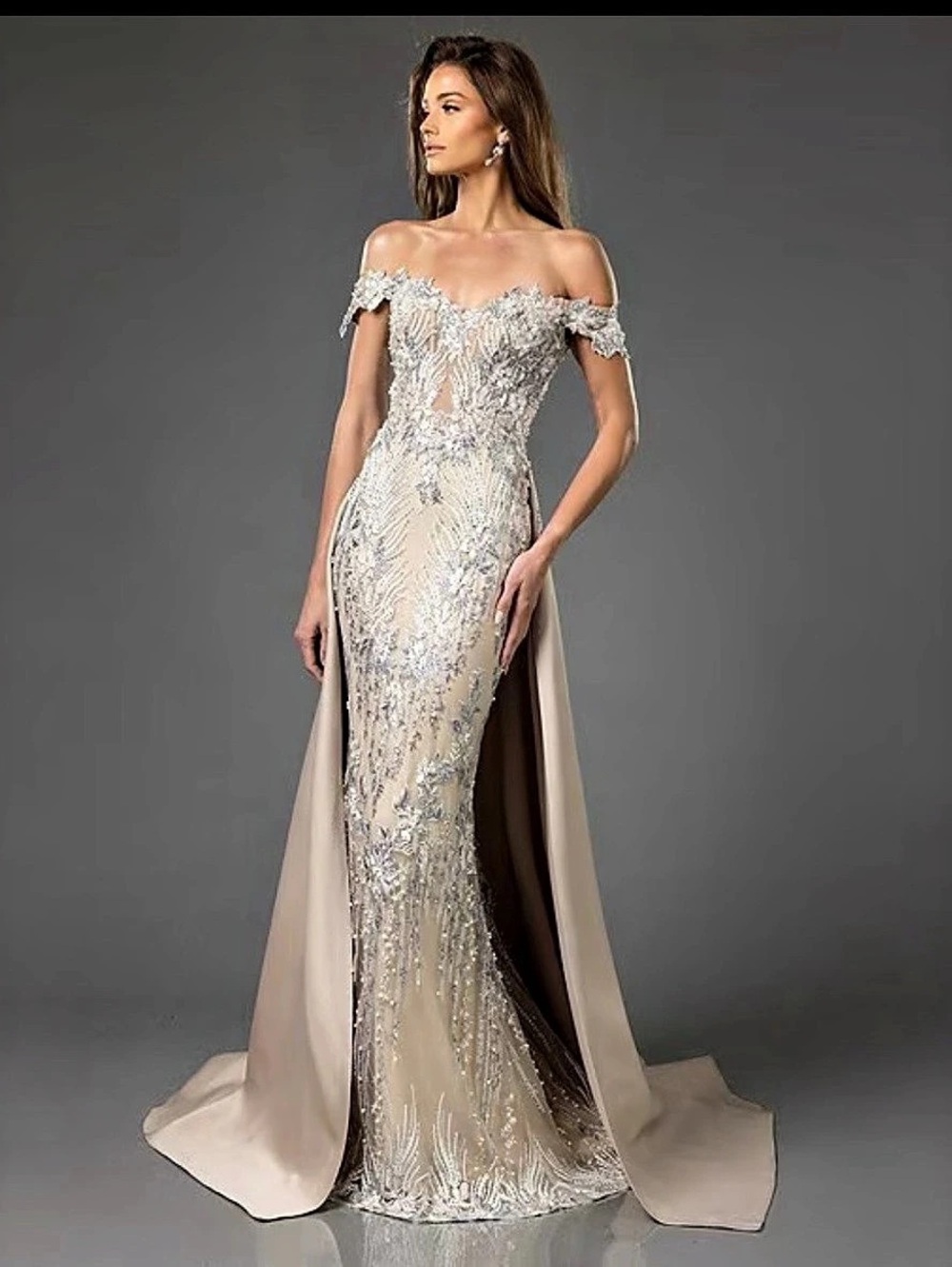 Terani Couture Off-The-Shoulder Lace Over Skirt Mermaid Gown Floral Off-Shoulder